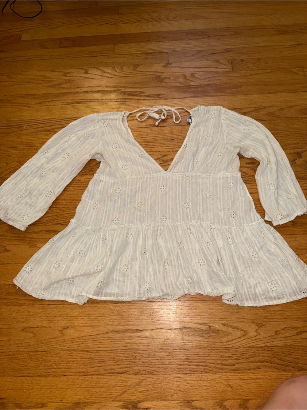 blue island White Eyelet Peasant Blouse with Tie Back